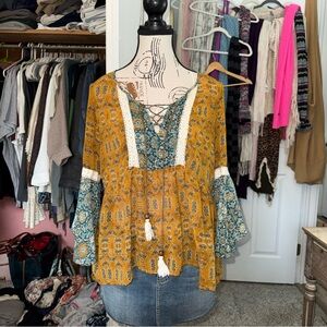 Maurices Sheer Boho lace up Blouse 3/4 Bell Sleeves Size Medium